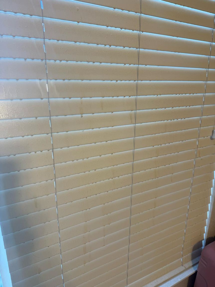 Window blinds before cleaning, dulled with dust