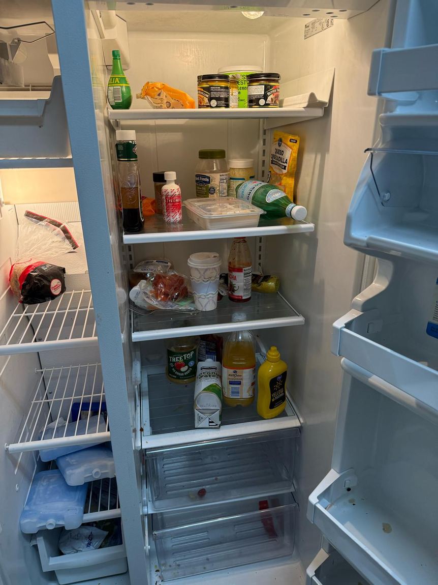 Refrigerator shelves before cleaning, full and marked
