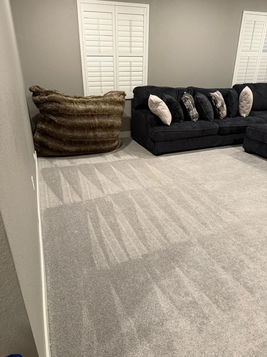 A living room with freshly vacuumed carpet showing clean lines