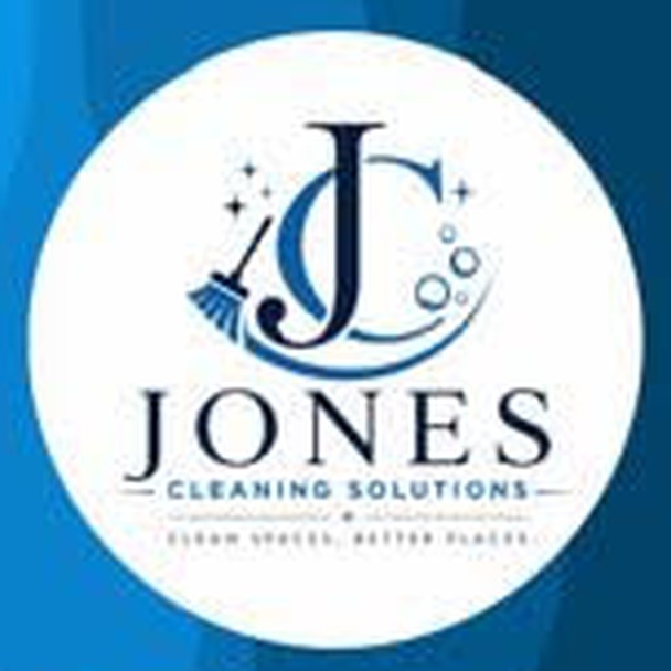 The original Jones Cleaning Solutions logo: a JC monogram with a broom and sparkles in a circle